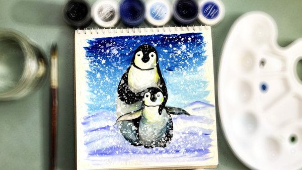 Пингвин гуашью для детей