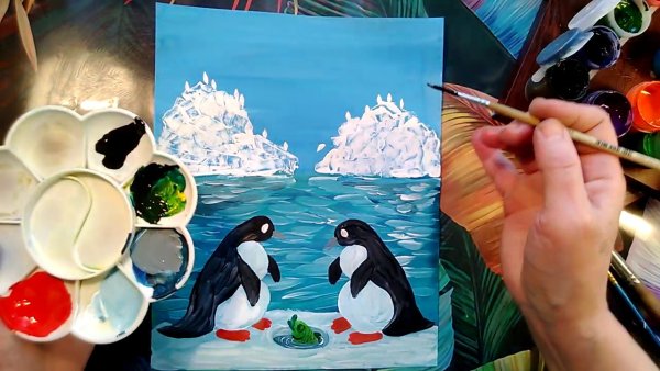 Рисование пингвина красками