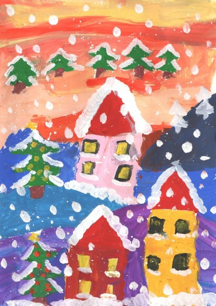 Зимний пейзаж гуашью для детей