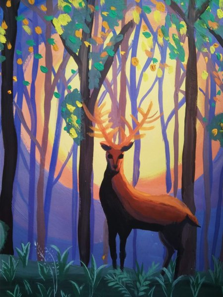 Олень в лесу гуашью
