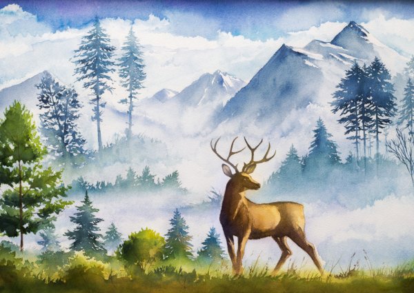 Пейзажи с оленями акварелью