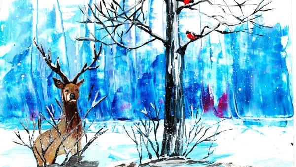 Зимний олень рисунок красками