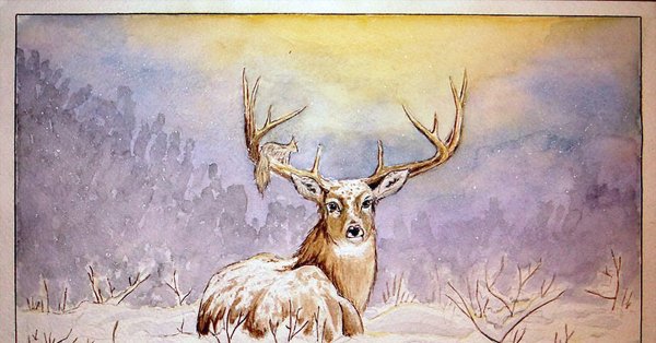 Пейзаж с оленем гуашью