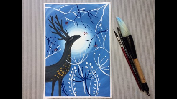 Зимние рисунки на доске разделочной гуашью Оленёнка