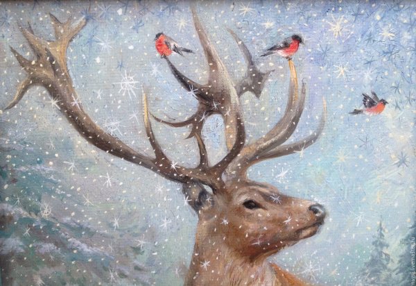 Зимний лес акварель олень