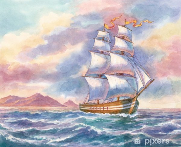 Корабль цветными карандашами в море