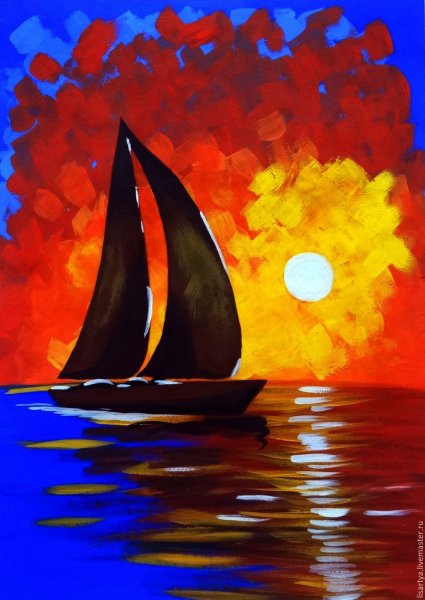 Корабль на закате гуашь
