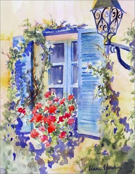 Акварель окно с цветами