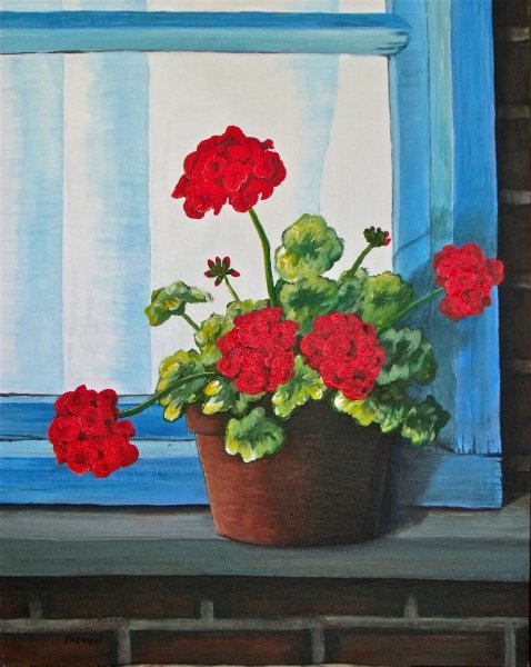 Цветы на подоконнике гуашью