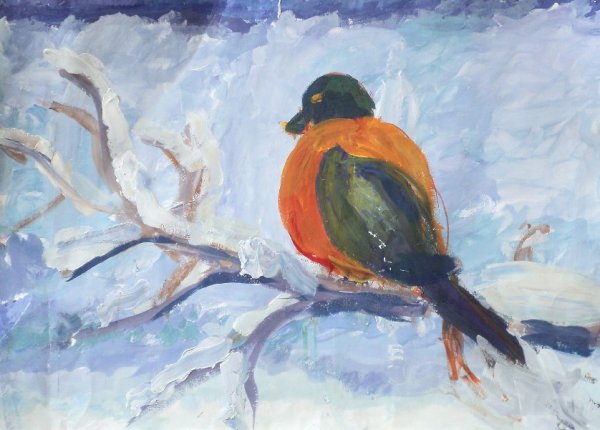 Снегирь на ветке гуашью