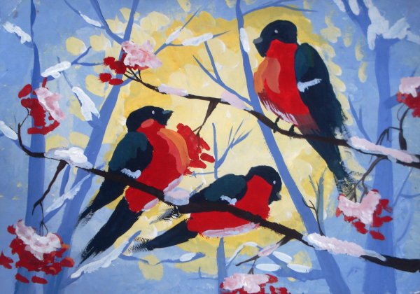 Снегирь гуашью