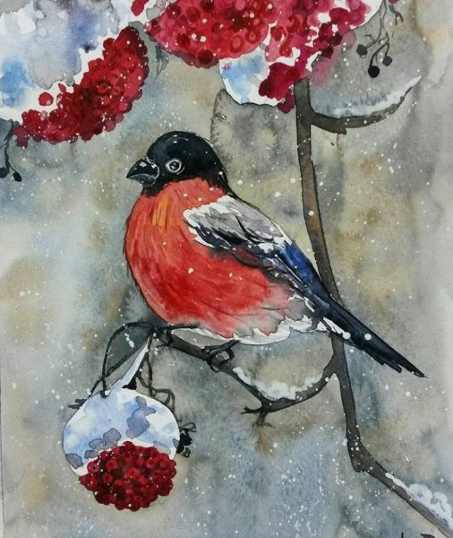 Снегирь гуашью