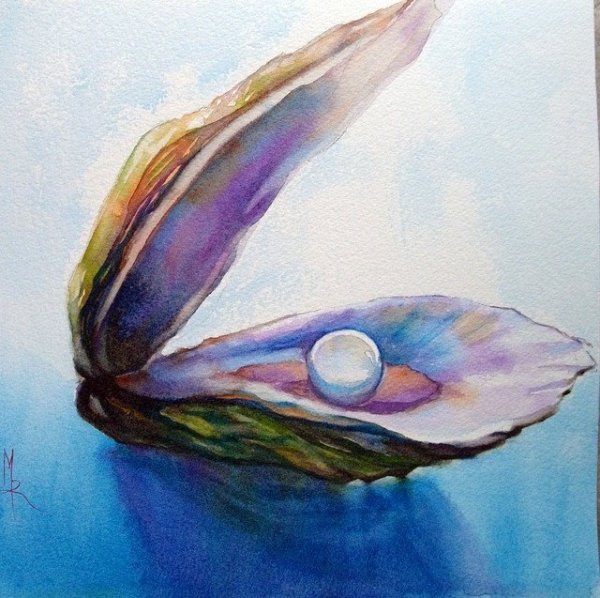 Ракушка с жемчужиной акварель