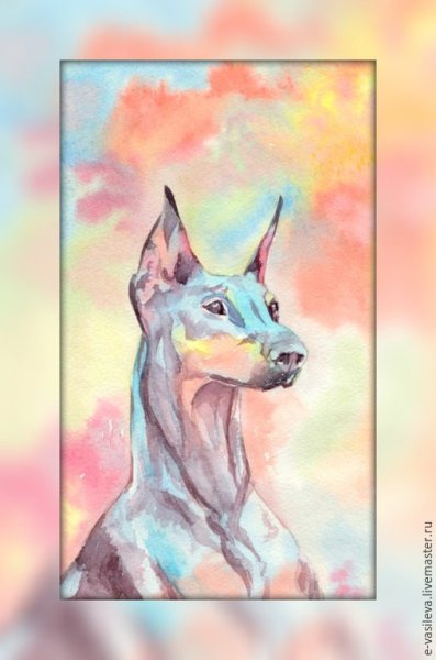 Доберман акварельными карандашами
