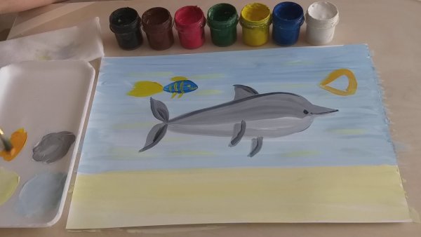 Дельфин гуашью для детей