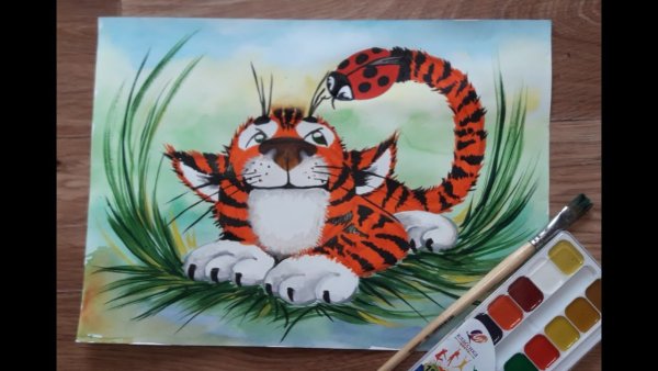 Тигренок гуашью для детей 10