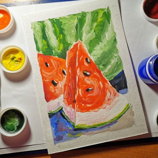 Арбуз гуашью рисуют дети