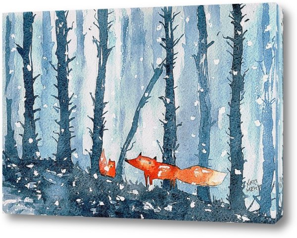 Лиса зима акварель