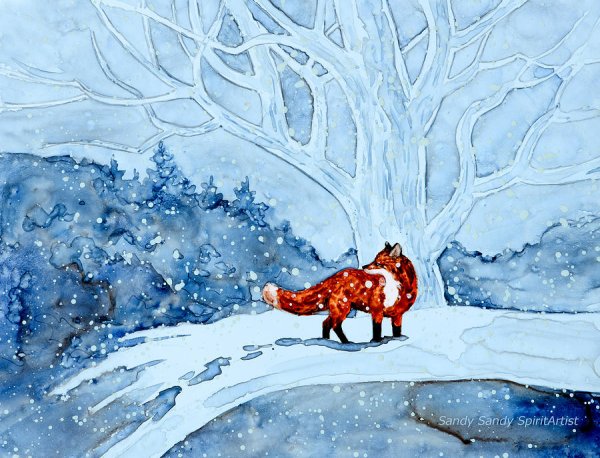 Зимний пейзаж с лисой гуашью