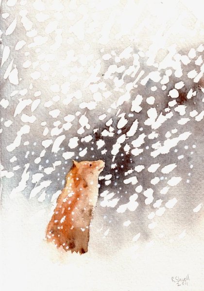 Лиса зимой акварель