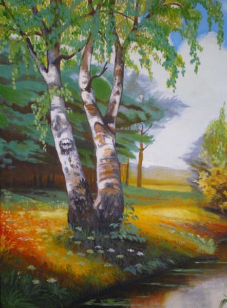 Пейзаж с березами гуашью