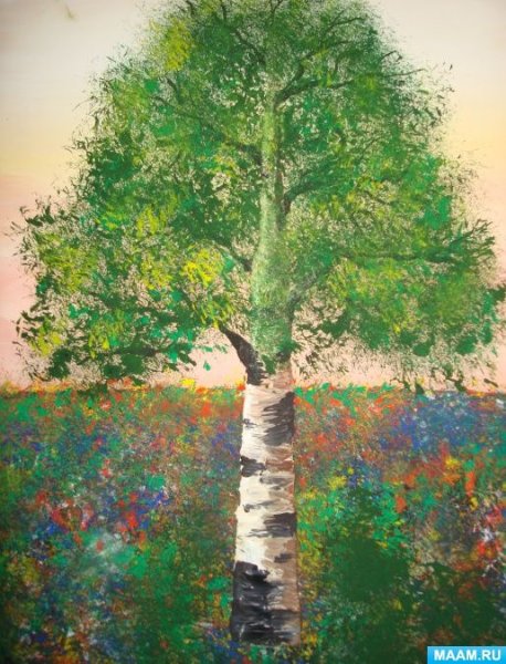 Береза зимой акварель