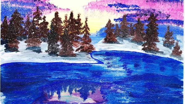 Зимний лес красками гуашь