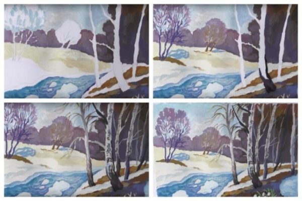 Весенний пейзаж пошагово гуашью