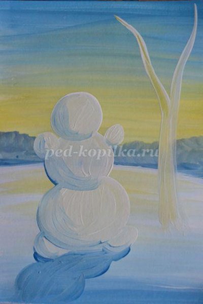 Снеговик красками для детей