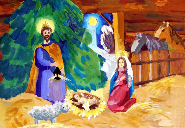 Детские рисунки на тему Рождество Христово