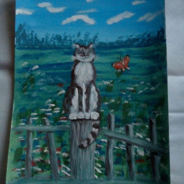 Кот на заборе гуашью