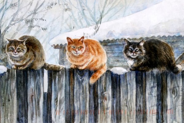 Кошка на заборе живопись