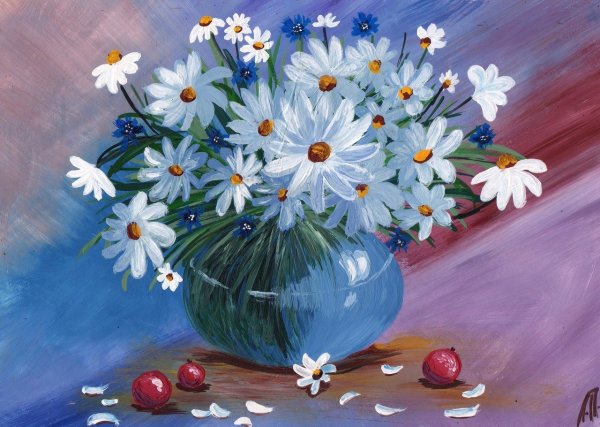 Ромашки в вазе гуашью