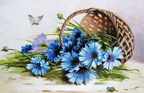 Цветы в корзине акварель