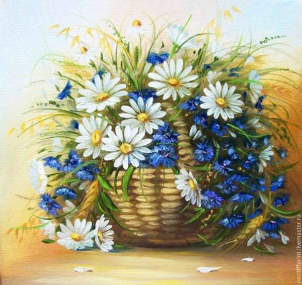 Корзина с ромашками и васильками