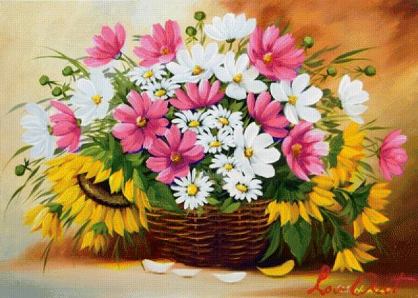 Разноцветные ромашки в корзинке
