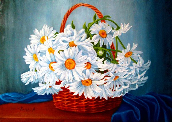 Ромашки в корзинке живопись