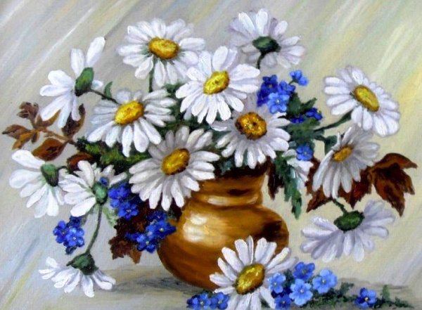 Ромашки в вазе гуашью