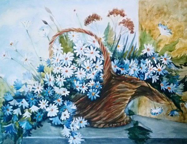Корзина с цветами акварель