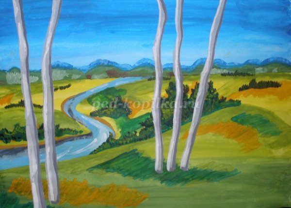 Летний пейзаж гуашью для детей