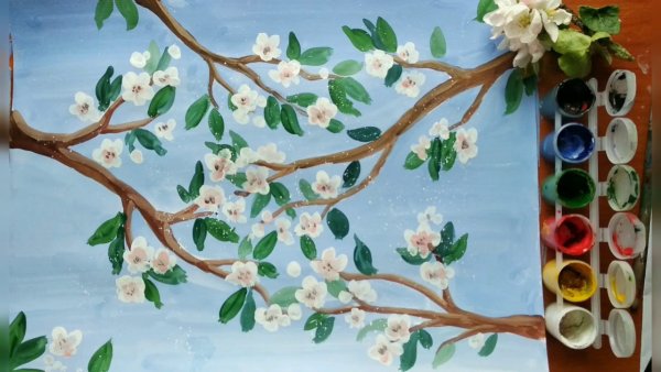 Цветущая ветка яблони гуашью для детей