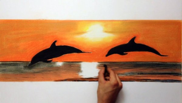Рисование акварелью закат с дельфинами