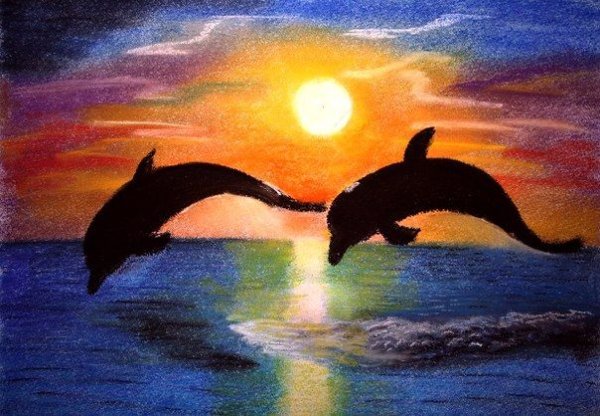 Дельфины сухой пастелью
