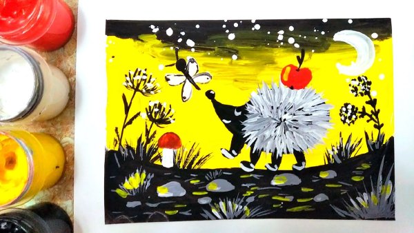 Ежик гуашью для детей