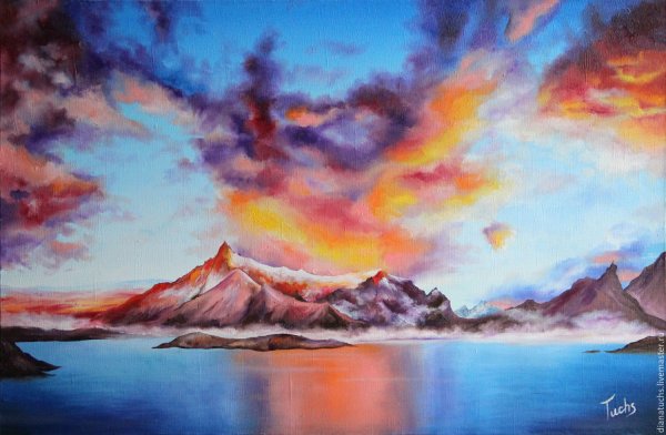 Закат в горах гуашью