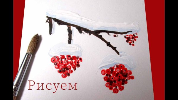 Рисование ватными палочками рябина в снегу