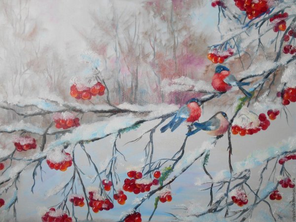 Зимний пейзаж со снегирями