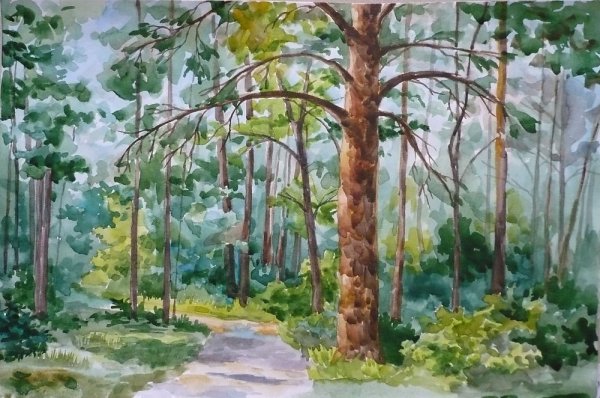 Лесной пейзаж гуашью