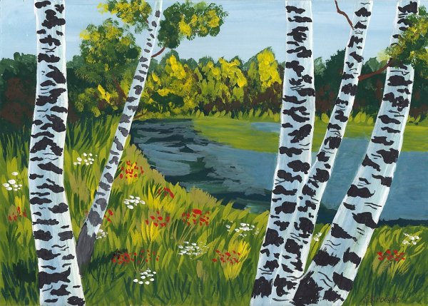 Пейзаж гуашью лес