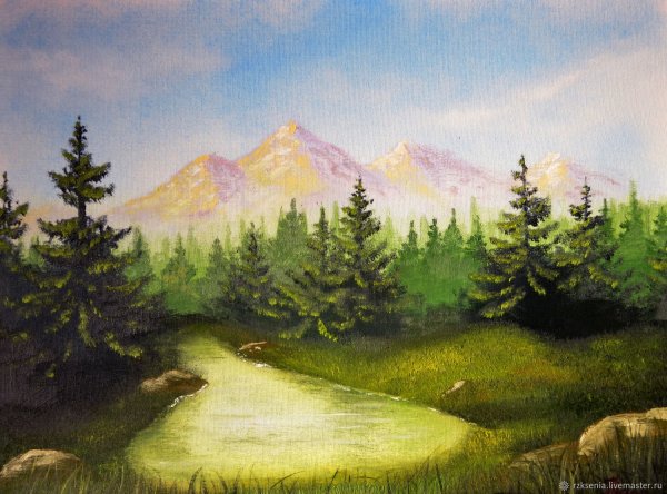 Пейзаж леса гуашью